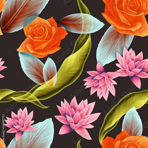 Seamless pattern with Tropical flowers and leaves design. Stylish trendy fashion floral pattern (ID: 546492753)