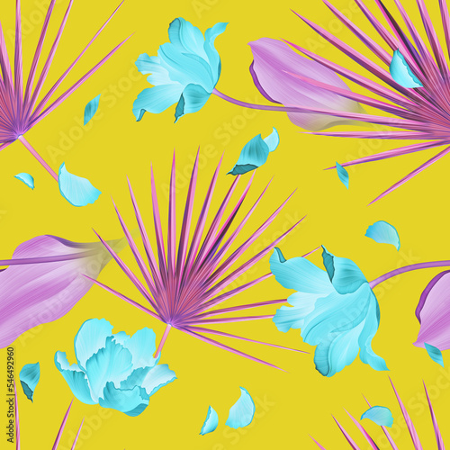 Seamless pattern with Tropical flowers and leaves design. Stylish trendy fashion floral pattern (ID: 546492960)