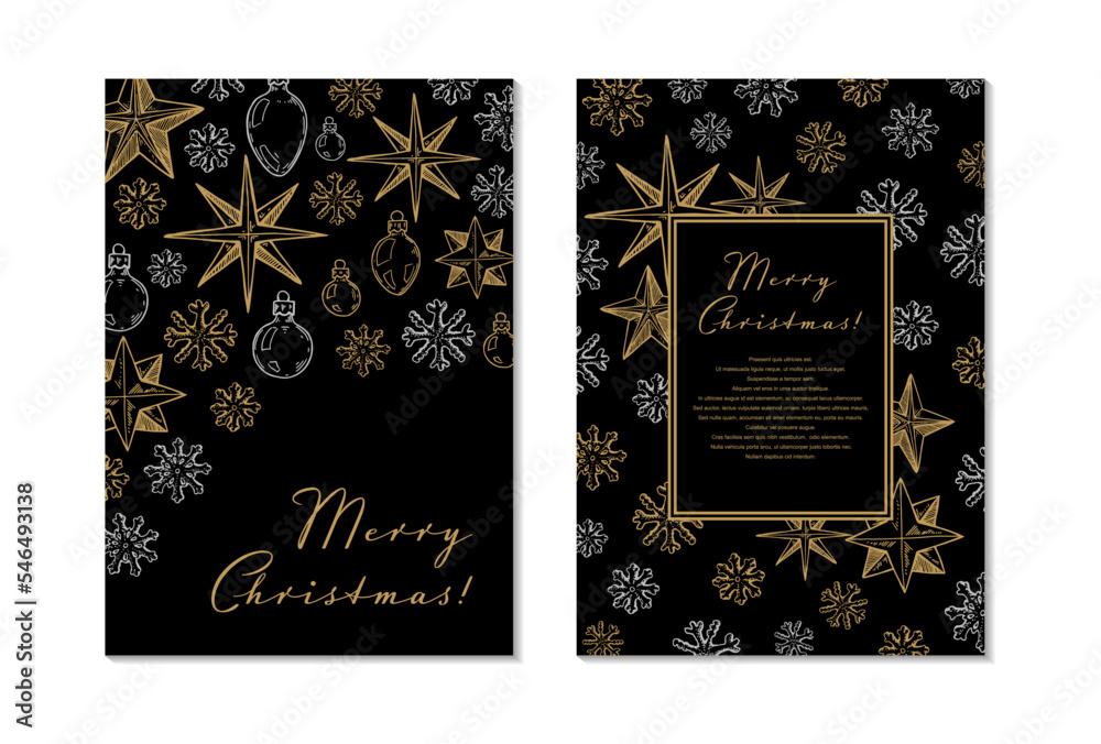 Set of Merry Christmas and Happy New Year vertical greeting cards with hand drawn golden stars and toys on black background. Vector illustration in sketch style Set of Merry Christmas and Happy New Year vertical greeting cards with hand drawn golden stars and toys on black background. Vector illustration in sketch style