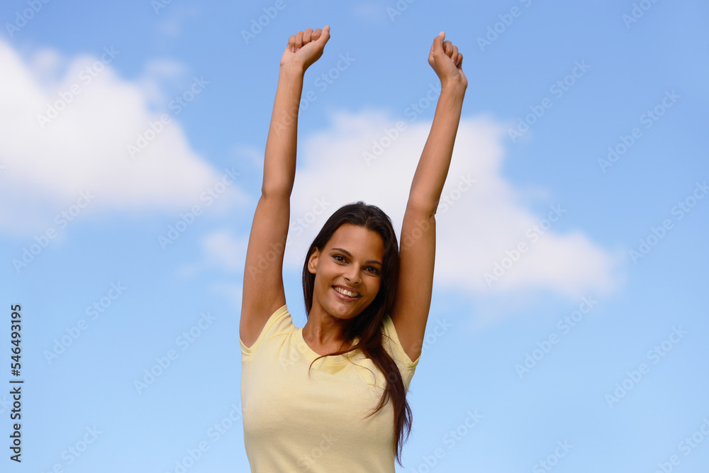 Freedom, energy and woman in nature against a blue sky to relax with peace, happiness and smile. Excited, free and Indian girl in her youth happy with enthusiasm and enjoying outdoor living in summer Freedom, energy and woman in nature against a blue sky to relax with peace, happiness and smile. Excited, free and Indian girl in her youth happy with enthusiasm and enjoying outdoor living in summer