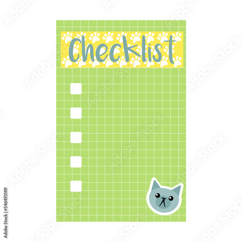 pretty diary page with cat and cat paw prints cartoon vector illustration. Cute daily planers with colorful patterns for notes, organized week