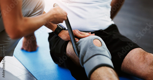Cuadro en lienzo Rehabilitation, woman therapist or knee brace in physiotherapy with senior man patient, knee pain or consulting expert