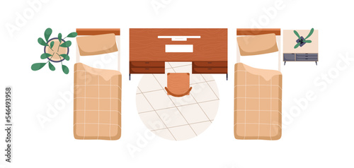 Workplace in bedroom, top view. Work desk, computer table, chair and two beds...