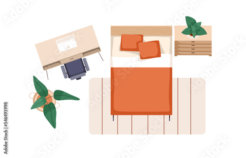 Double bed and home workplace in bedroom interior, top view. Work table, desk with laptop computer, chair, plants and nightstand in room design. Flat vector illustration isolated on white background