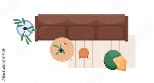 Sofa and coffee table, top view. Living room interior design with modern furn...