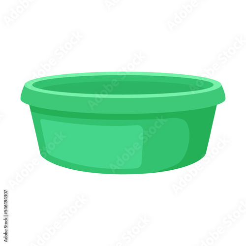 green basin for laundry, barrel and bucket with convenient spout for draining water. Vector illustration of cute colorful washbowl