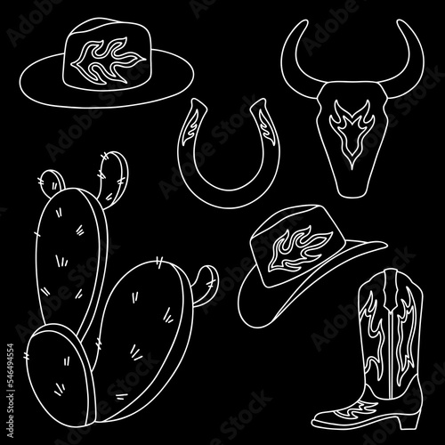 Cowboy western vector collection. Cowboy boot, hat, bull skull, horseshoe, cactus in silhouette.