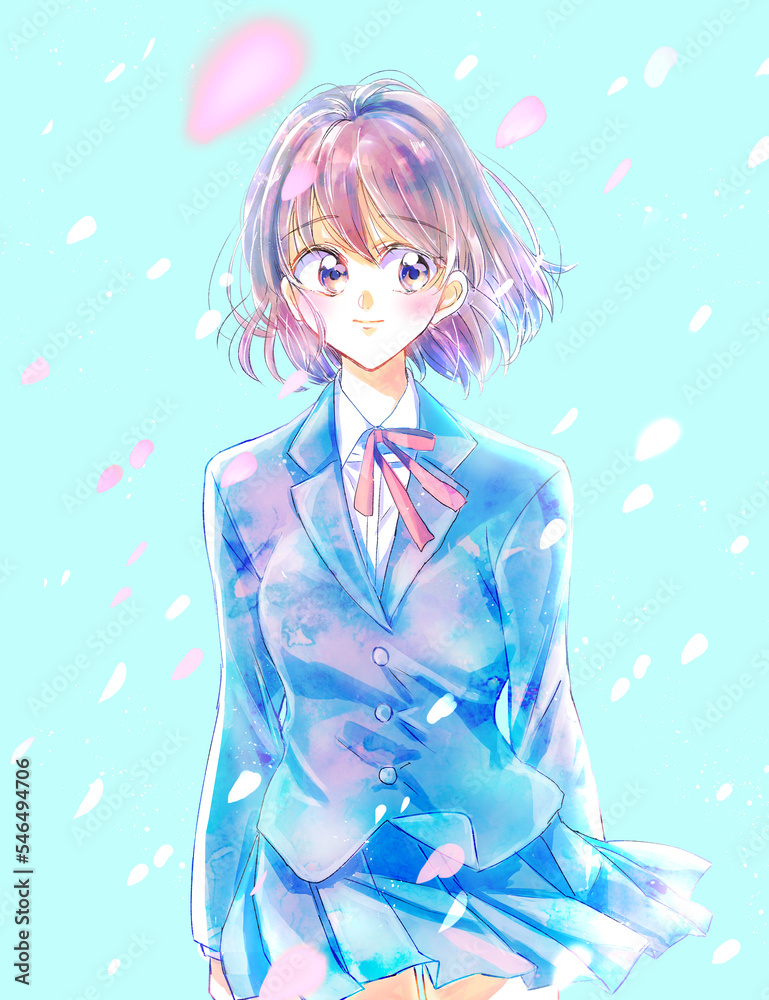 女子学生 桜吹雪 女子学生 桜吹雪