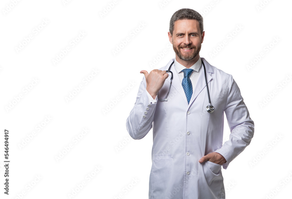 smiling doctor with stethoscope. doctor isolated on white. medical doctor point finger on background smiling doctor with stethoscope. doctor isolated on white. medical doctor point finger on background