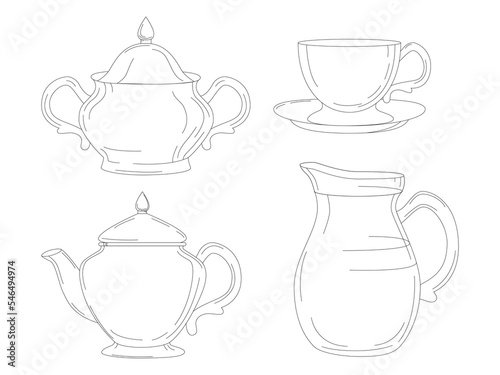 A set of teapots vector illustration for a tea ceremony or breakfast, hand-drawn stripes. Tableware for drinks, tea coffee cups, milk jug, decanter, cream cup, teapot.