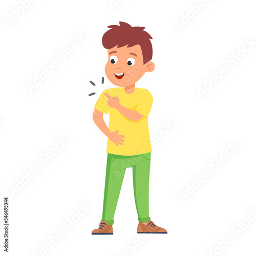 Kids touching shoulder, and pointing to body part with hand. Vector illustration of preschool children on anatomy lesson