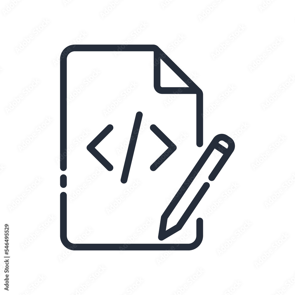 Black linear coding file with pencil. Edit or create code document file concept icon design. Coding, frontend and backend editing. Black linear coding file with pencil. Edit or create code document file concept icon design. Coding, frontend and backend editing.