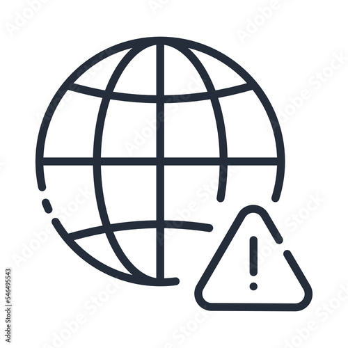 Black linear Earth globus with warning sign. Network problem and error concept icon design. No internet connection.