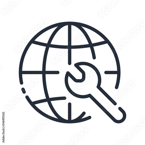 Black linear network technical work vector icon. Earth globus icon with wrench concept icon design. 