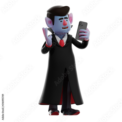 3D illustration. Charismatic 3D Dracula Vampire Cartoon Image makes selfie. with two finger pose. Showing a funny laughing expression. 3D Cartoon Character