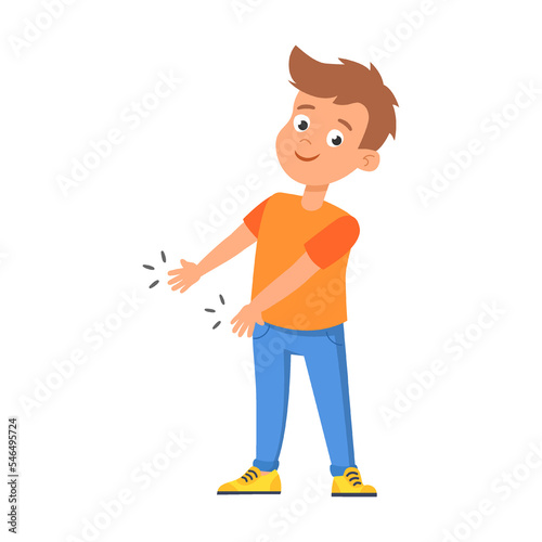 Kids shows palms and pointing to body part with hand. Vector illustration of preschool children on anatomy lesson