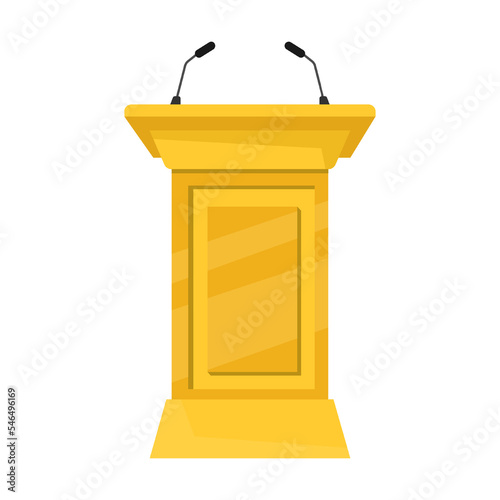 debate rostrum and platform gold with double microphone, cartoon vector illustration. Wooden tribune and glass podium with microphone