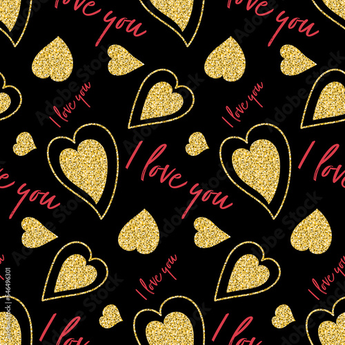 Golden heart on a black background seamless pattern, valentine's day about love and being in love, shimmer sparkling illustration