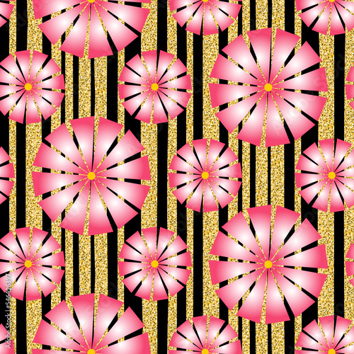 Pink daisy flower on black gold background, fantasy flower seamless pattern