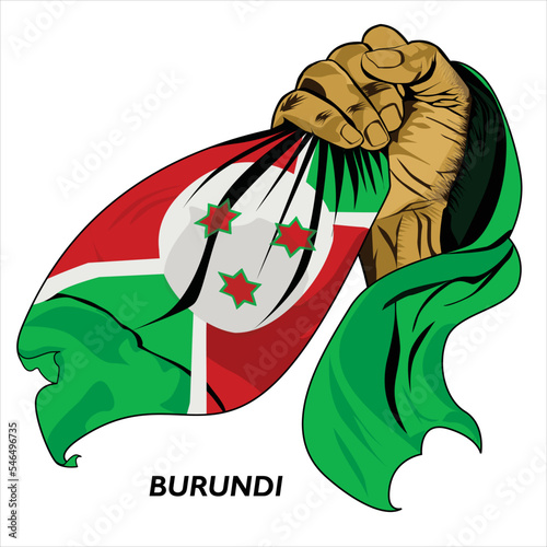 Fisted hand holding Burundian flag. Vector illustration of lifted Hand grabbing flag. Flag draping around hand. Scalable Eps format