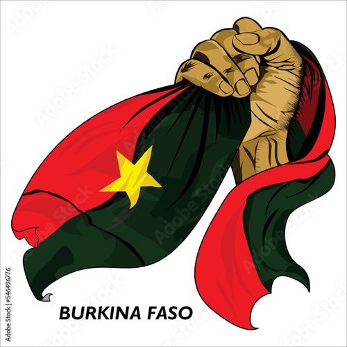Fisted hand holding Burkinabe flag. Vector illustration of lifted Hand grabbing flag. Flag draping around hand. Scalable Eps format