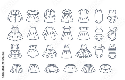 Baby girl dresses thin line icons. Different cute dresses with long and short sleeves, sundresses, skirts and swimsuits for little girl. Simple linear pictograms of kids clothes. Little girl wardrobe