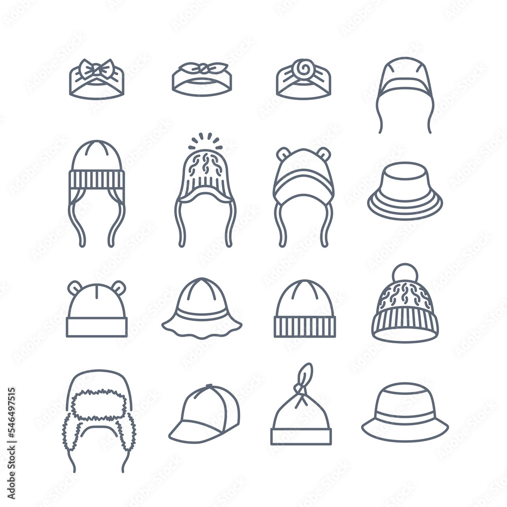 Baby hats thin line icons. Simple linear pictograms of kids clothes