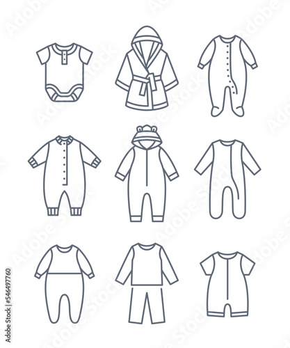 Baby sleepwear cloth thin line icons. Simple linear pictograms of kids clothing. Pajamas, rompers, bodysuits and bathrobe. Children wardrobe. Cute outfit for newborn child, toddler, little boy or girl