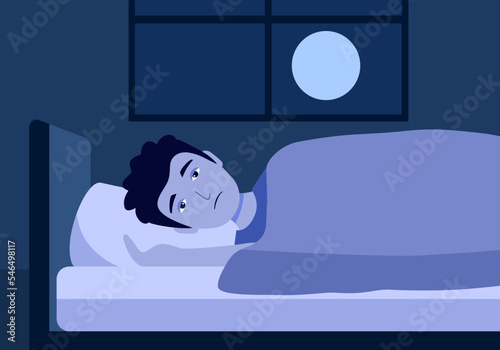 Young man with insomnia symptom at night in flat design. Guy couldn’t sleep under blanket.