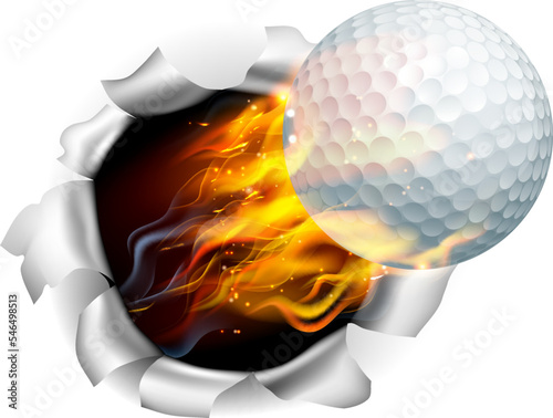A Golf ball with flames and fire breaking through the background
