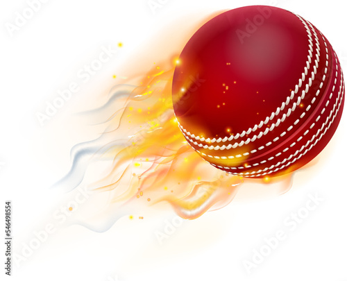 A Cricket ball flying through the air with flame or fire concept