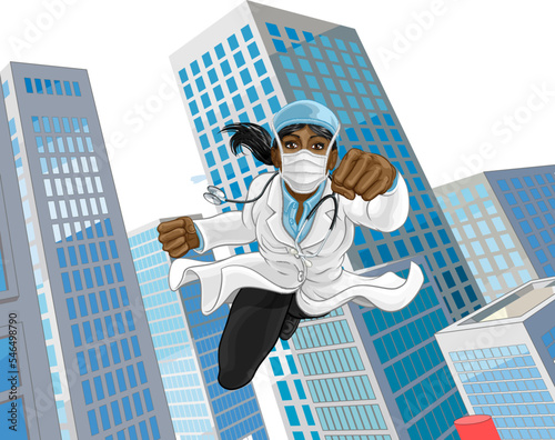 A super hero woman female doctor in a lab coat flying through a city in a classic superhero pose