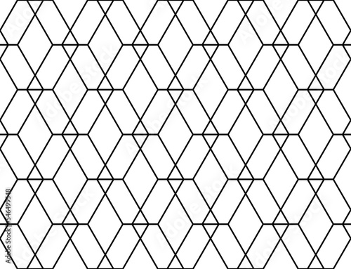 Interlocking grid of different sized diamond shapes in a repeating geometric black linear outline pattern, PNG transparent background