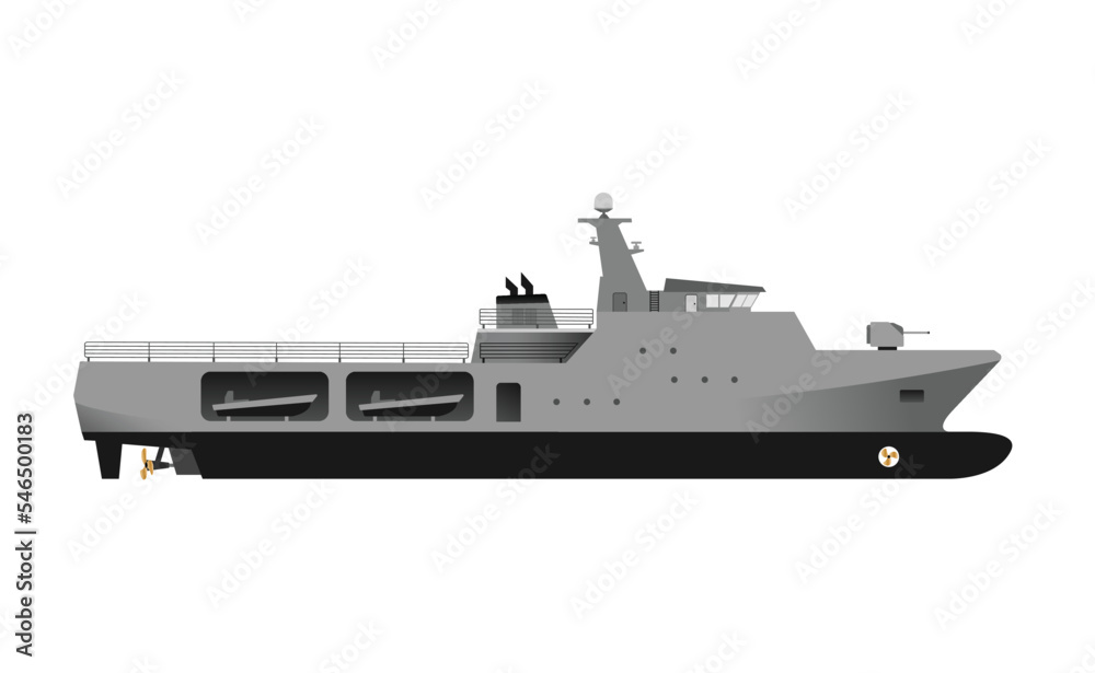 Warship side view isolated on white. Vector illustration