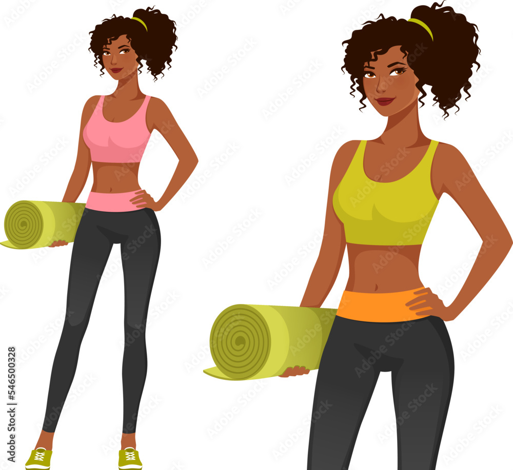 African American girl in gym outfit, holding a yoga mat. Beautiful