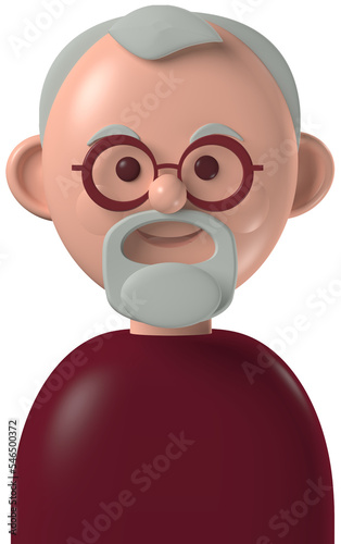 Cartoon character 3d avatar happy senior older caucasian man with grey beard, isolated photo