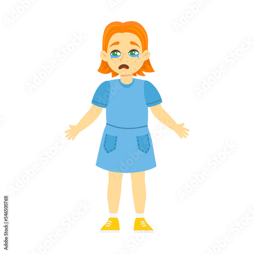 expression of little sad crying girl vector illustration. Emotional cartoon character isolated on white background