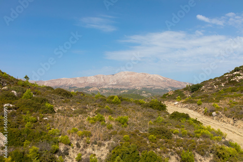 Sandy country road, 4x4 off-road trail to the peak of Attavyros mountain. Highest mountain on Rhodes island, Greece.trail. Dodecanese Greece.