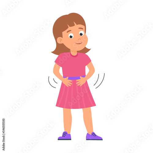 Kid points to the stomach and pointing to body part with hand. Vector illustration of preschool children on anatomy lesson