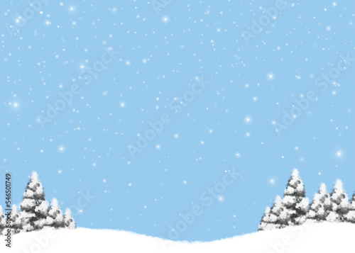 Winter Christmas background with sky, heavy snowfall, snowflakes in different shapes and forms, snowdrifts. Winter landscape with falling christmas shining beautiful snow. vector.