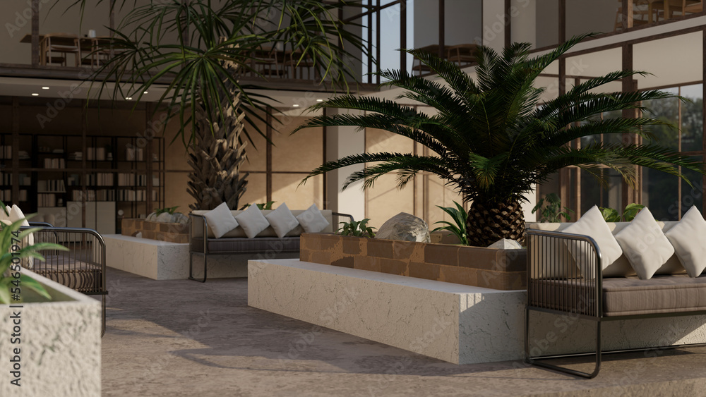Relaxing area in modern contemporary building exterior design with seating bench, tropical plants