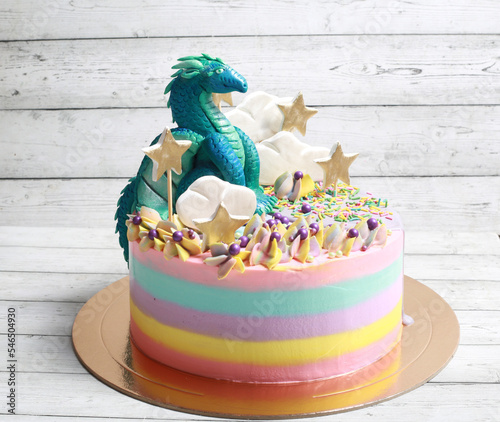 Beautiful dessert cake for children with a dragon