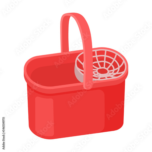 rectangular bucket with mesh for large debris, barrel with convenient spout for draining water. Vector illustration of cute colorful washbowl