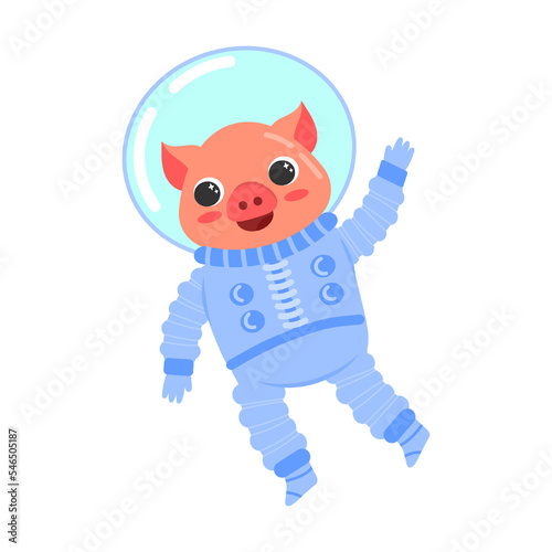 piglet waves his hand, an astronaut in a protective suit and a spacesuit. Cartoon vector illustration isolated