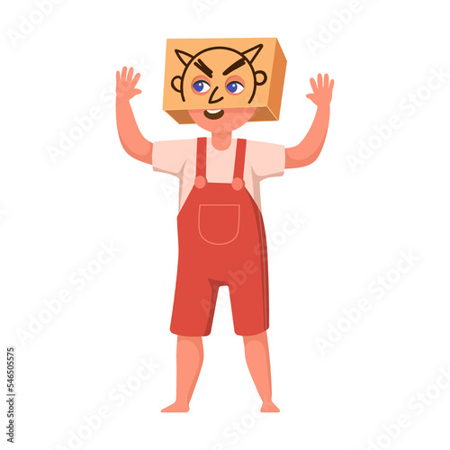 Kid with costume terrible villain from cardboard boxe vector illustration. Creative cartoon child in cardboard boat isolated on white background