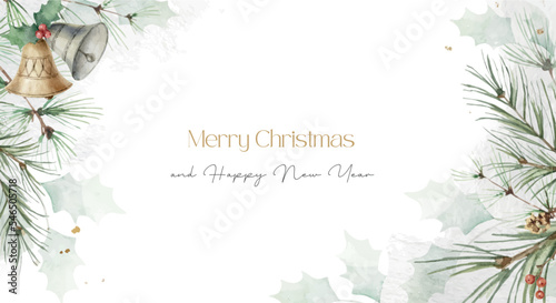 Watercolor vector card with Christmas bells, fir branches and place for text.