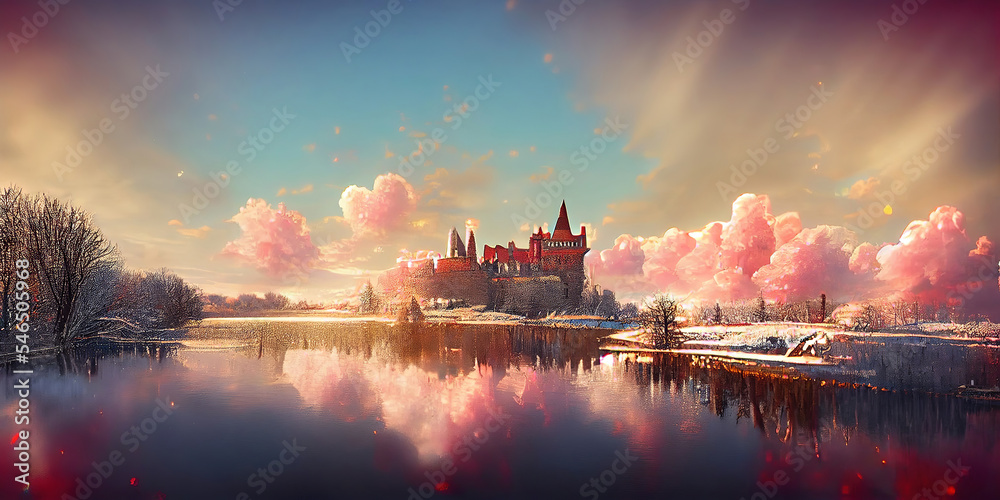 beautiful fantasy landscape with magical castle in the background as panorama header background