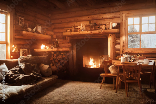 cozy living room in wooden log house with fireplace, snowy winter outside