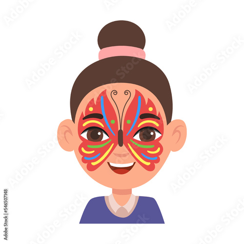 Portrait of kid with face tropical butterfly mask, makeup vector illustration. Children with creative face painting or mask, animals and heroes isolated on white background