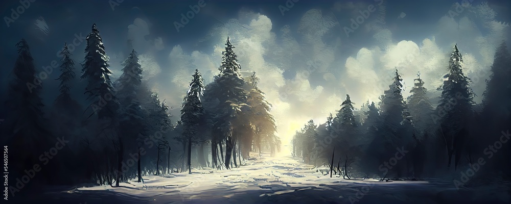 Dreamy mysterious fantasy winter landscape illustration. Snowy misty woodland landscape. Digital winter landscape backdrop.